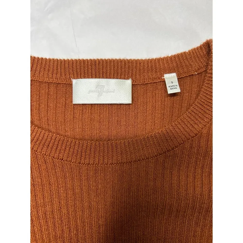 7 for All Mankind Brown Striped Cashmere Blend Puff Shoulder Crew Neck Sweater - Picture 7 of 9